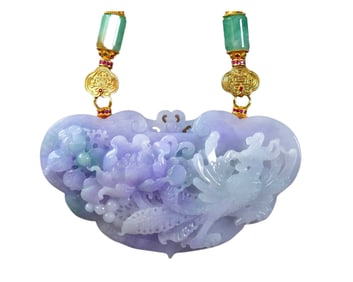 Exquisite Purple Jadeite Carved Phoenix Pendant w Jadeite Beads Necklace