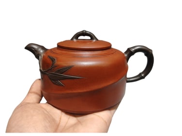 Chinese Yixing Zisha Clay Fortune Bamboo Teapot w Artist Signed