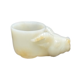 Superb Chinese White Hetian Jade Carved Fortune Ox Wine Cup Statue