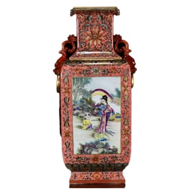 Chinese Qing Dynasty Gilt Edge Famille Rose Beautiful Woman Design Porcelain Vase