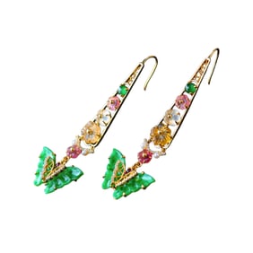 A Pair Exquisite Silver Plated Gilt Gold Inlay Jadeite & Tourmaline Butterfly Earring