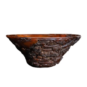 Vintage Ox Horn Carved Pine Tree & Figure Bowl