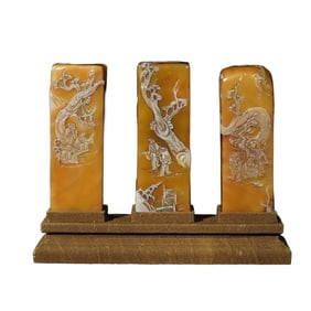 A Set Vintage Chinese Tianhuang Stone Low Relief Pine Tree & Figure Seals