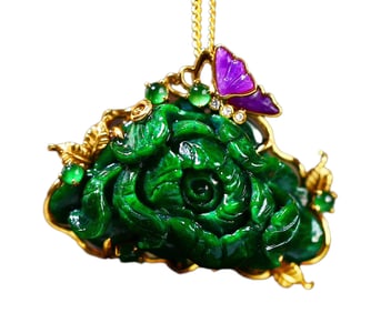 Exquisite 18K Gold Inlay Green Jadeite Carved Phoenix Pendant