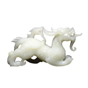 Exquisite Chinese White Hetian Jade Carved Divine Beast Statue
