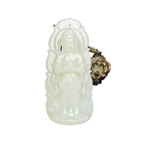 Chinese Natural Hetian Jade Carved Kwan-yin Pendant