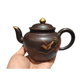 Chinese Gilt Gold Yixing Zisha Clay Bird Teapot w Artist Signed
