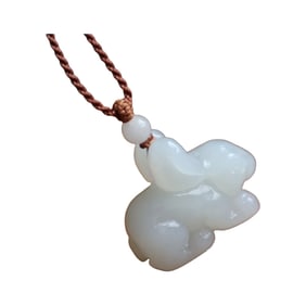 Chinese Natural Hetian Jade Carved Rabbit Pendant
