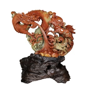 Superb Vintage Chinese Shoushan Stone Carved Dragon & Horse Statue