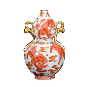 Chinese Qing Dynasty Gilt Gold Iron Red Glaze Fortune Lion Design Gourd Shape Porcelain Vase