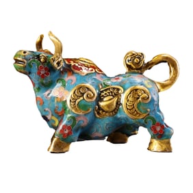 Vintage Chinese Gilt Gold Copper Cloisonne Fortune Ox Statue