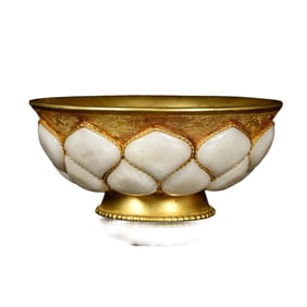 Vintage Chinese Gilt Gold Copper Inlay Hetian Jade Bowl