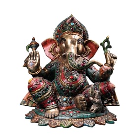 Tibetan Buddhism Gilt Gold Copper Inlay Turquoise & Gems Ganesha Buddha Statue