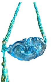 Beautiful Natural Aquamarine Carved Ruyi Pendant w Hand Woven Necklace