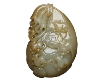Chinese Hetian Jade Carved Fortune Mouse Pendant