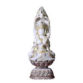 Exquisite Chinese Gilt Gold White Hetian Jade Carved Kwan-yin Statue