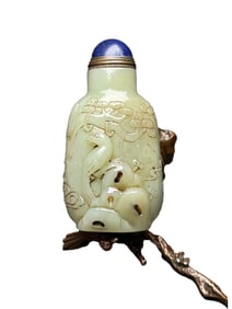Vintage Chinese Hetian Jade Carved Pine Tree & Figure & Bird Snuff Bottle