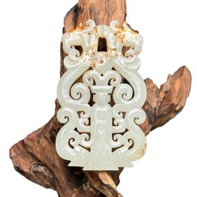Openwork Chinese Hetian Jade Carved Figure Pendant