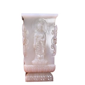 Exquisite Chinese White Hetian Jade Carved Siddhartha Buddha Brush Pot Statue