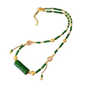 Exquisite Green Jadeite Lucky Pendant w Beads Necklace