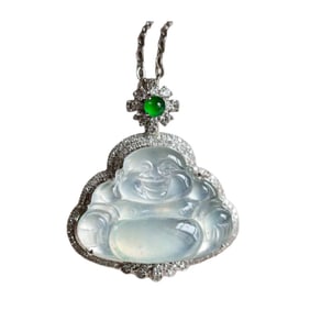 Exquisite 18K Gold Inlay Jadeite Laughing Buddha Pendant