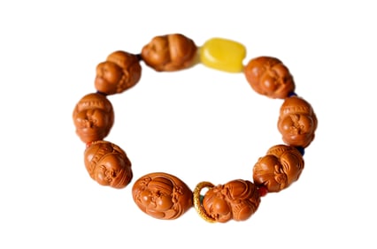 Vintage Olive Nut Carved Fortune Taoism Deity Beads Bracelet