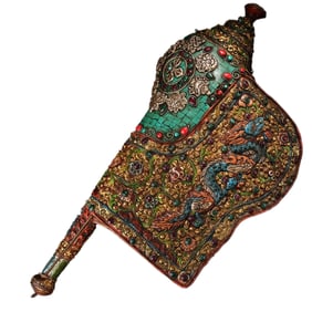 Tibetan Buddhism Gilt Gold Copper Inlay Turquoise & Gems Conch Dharma-vessel Statue