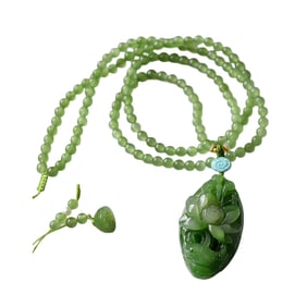 Chinese Green Hetian Jade Carved Lotus Flower & Carp Pendant w Hand Woven Beads Necklace
