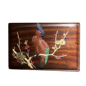 Vintage Chinese Huali Wood Inlay Shoushan Stone & Shell & Lapis Lazuli Flowers Bird Jewellery Box