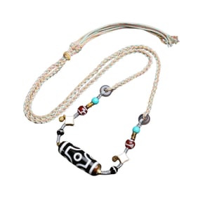 Tibetan 6 Eye DZI Agate Lucky Pendant w Hand Woven Beads Necklace