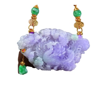 Exquisite Purple Jadeite Carved Phoenix & Peony Pendant w Jadeite Beads Necklace