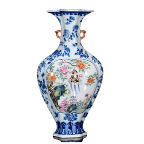 Chinese Blue And White Porcelain + Famille Rose Hundreds Of Flowers In Bloom Design Porcelain Vase