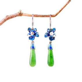 A Pair Chinese 925 Silver Inlay Green Hetian Jade Earring