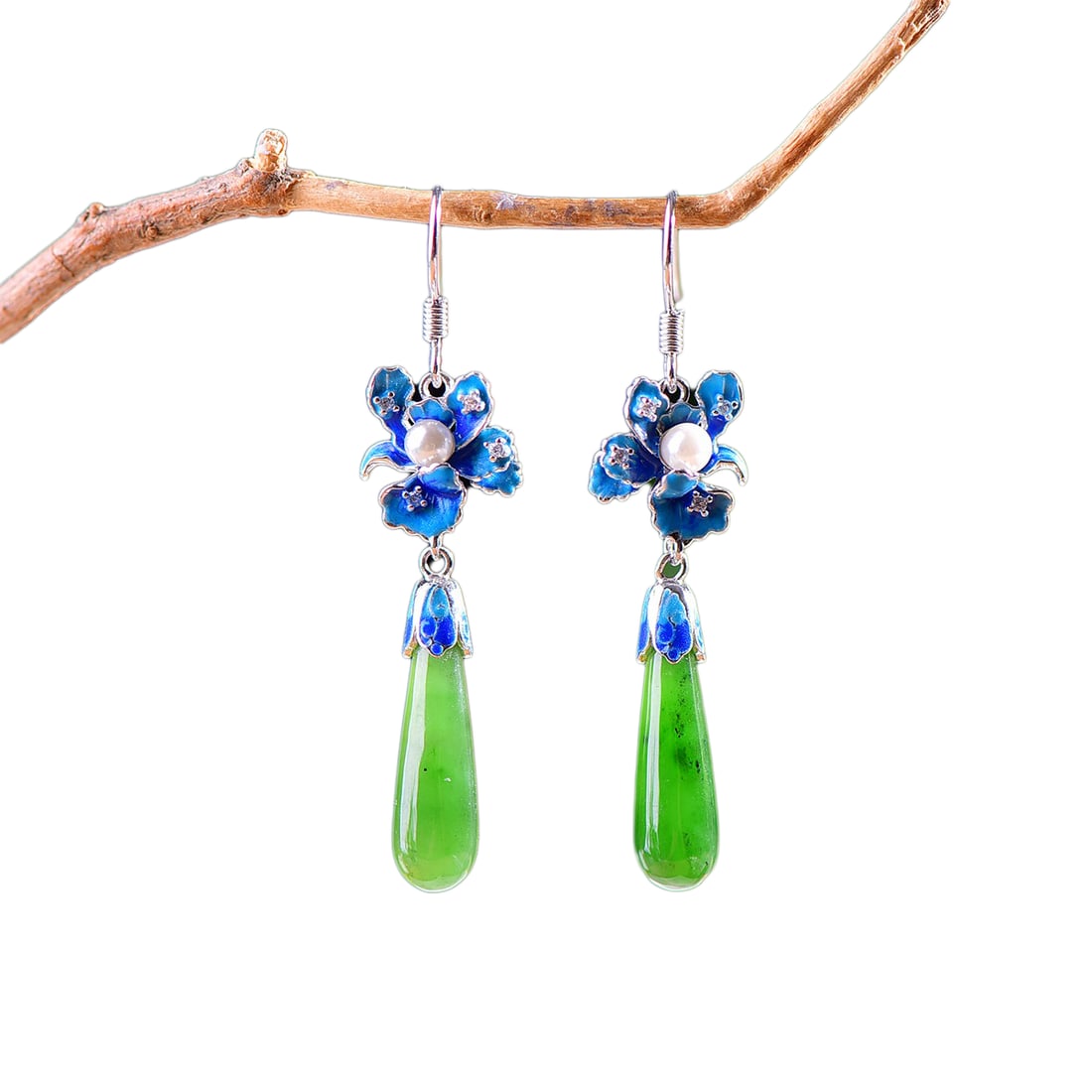 A Pair Chinese 925 Silver Inlay Green Hetian Jade Earring (1 of 7)