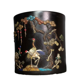 Chinese Zitan Wood Inlay Shoushan Stone Pine Tree & Crane Design Brush Pot