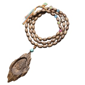 Old Chinese Chenxiang Wood Carved Kwan-yin Pendant w Beads Necklace
