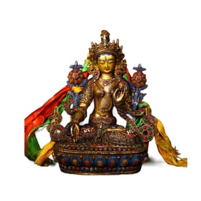 Superb Old Tibetan Gilt Gold Copper Inlay Siver Wires & Gems Tara Statue