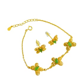 A Set Chinese 925 Silver Inlay Green Hetian Jade Butterfly Bracelet w Earrings