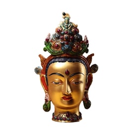 Old Tibetan Gilt Gold Copper Inlay Gems Kwan-yin Head Statue