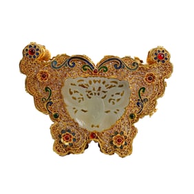 Exquisite Chinese Gold Wire Enamel Inlay Hetian Jade Butterfly Shape Box