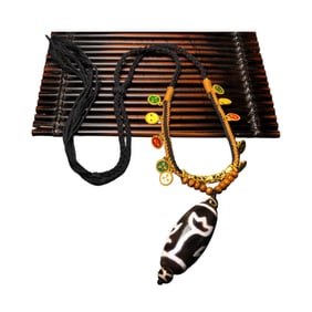 Old Tibetan DZI Agate Lucky Pendant w Hand Woven Necklace