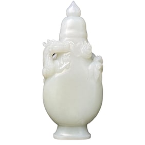 Superb Chinese Hetian Jade High Relief Fortune Dragon Vase
