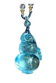 Beautiful Natural Aquamarine Carved Gourd Pendant w Hand Woven Necklace