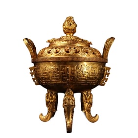 Vintage Chinese Gilt Gold Copper 3 Legs Double Ear Incense Burner