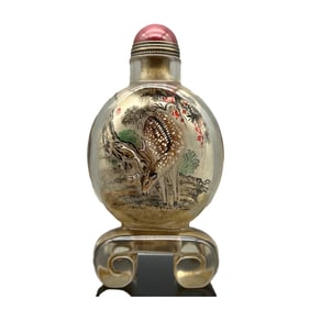 Old Chinese Peking Glass Inside Painting Sika Deer Snuff Bottle w Stopper