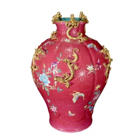 Chinese Qing Dynasty Gilt Gold Rouge Red Glaze High Relief Fortune Dragon Porcelain Vase
