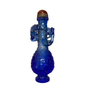 Vintage Chinese Blue Peking Glass High Relief Chi Dragon Snuff Bottle
