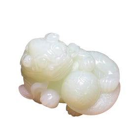 Superb Chinese White Hetian Jade Carved Fortune Lion Statue