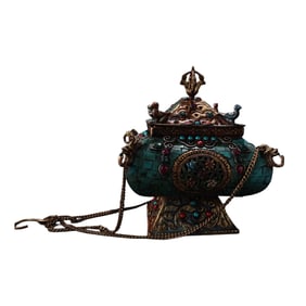 Tibetan Gilt Gold Copper Inlay Turquoise & Gems Incense Burner