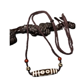 Old Tibetan 5 Eye DZI Agate Lucky Pendant w Hand Woven Necklace